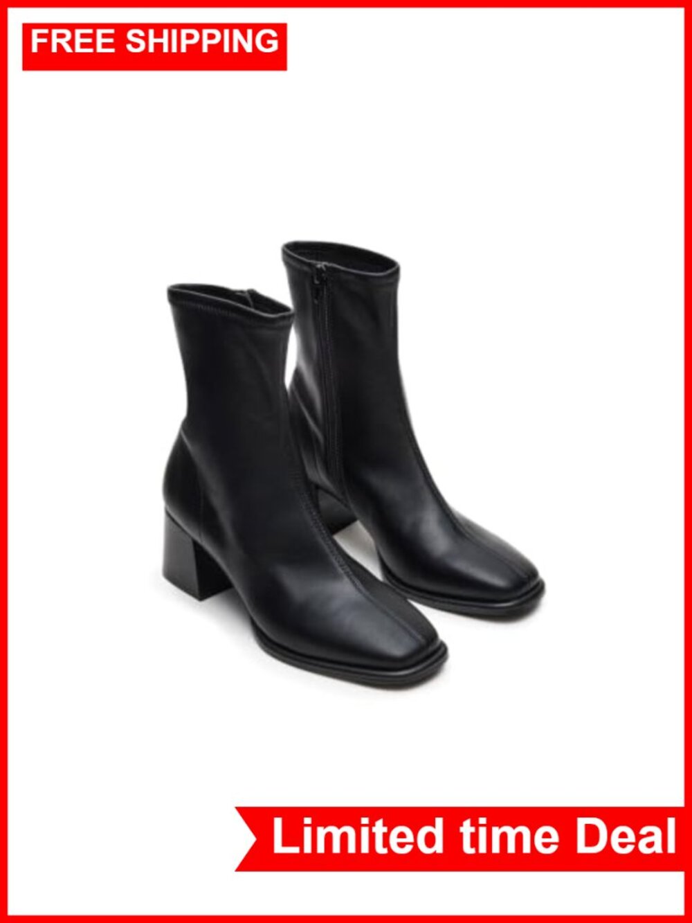 Faux Leather Square Toe Chunky Heel Zip Up Ankle Booties